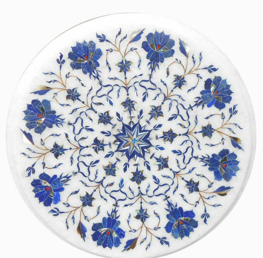 12-inch round marble corner end table with semi-precious stone handmade inlay decor  