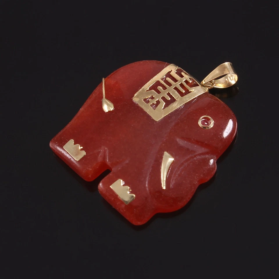14k Solid Gold Schmuck Natürlich Rot Jade Edelstein Hand Carved Elefant Anhänger - Bild 4 von 4