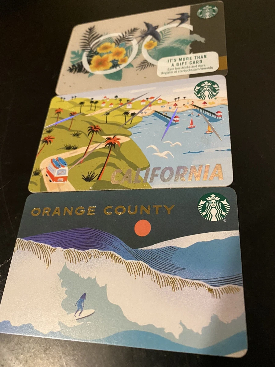 Starbucks Coffee Gift Card Set Of 3 Orange County Beach Palm Trees Sailboats New