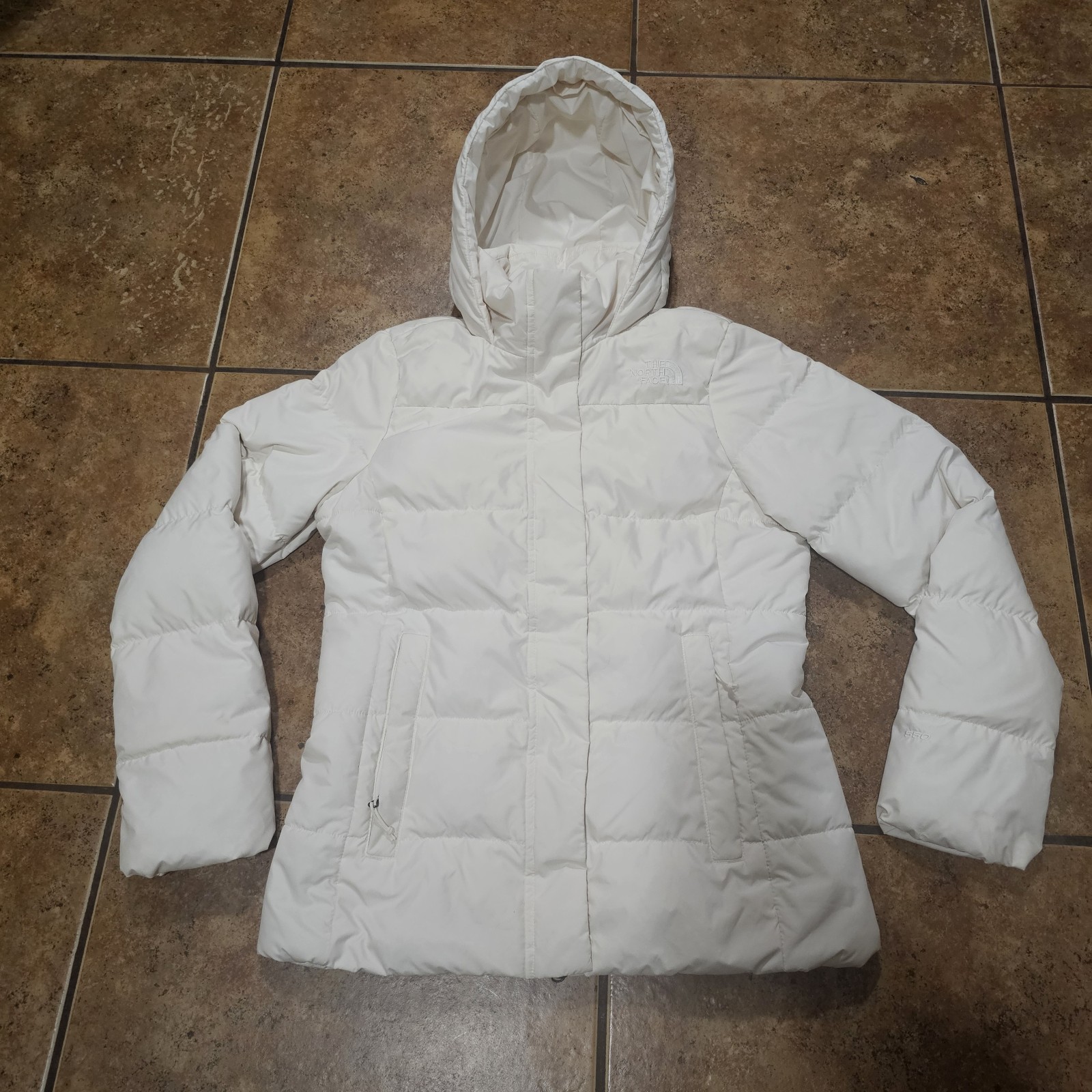 The North Face 550 Jacket Womens Medium Puffer White Outdoor Hiking Hooded Down