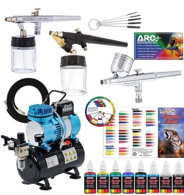 3 Master Airbrush Pro Air Compressor Kit, 6 Primary Colors Acrylic Paint Set