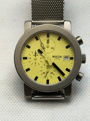 Boccia Mens Titanium CHRONOGRAPH Watch Yellow Dial 37mm 6 BAR Japan