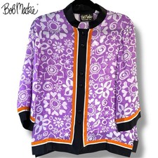 BOB MACKIE Wearable Art Wmn's 100 Silk Blouse Purple Floral Mandarin Collar M