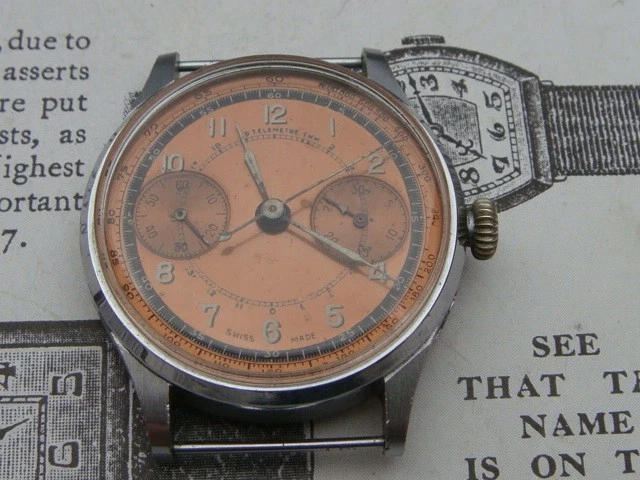 Reloj proyecto Landeron 47 cronógrafo vintage años 30 funcionando esfera cobre salmón Foto 2 de 4