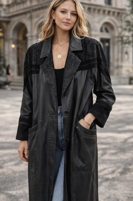 Vintage Winnit Genuine Leather Long Coat / Duster   Black Paisley Panel Design