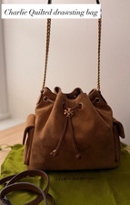 Tory Burch Charlie Quilted Drawstring Shoulder Bag Small Suede Toffee