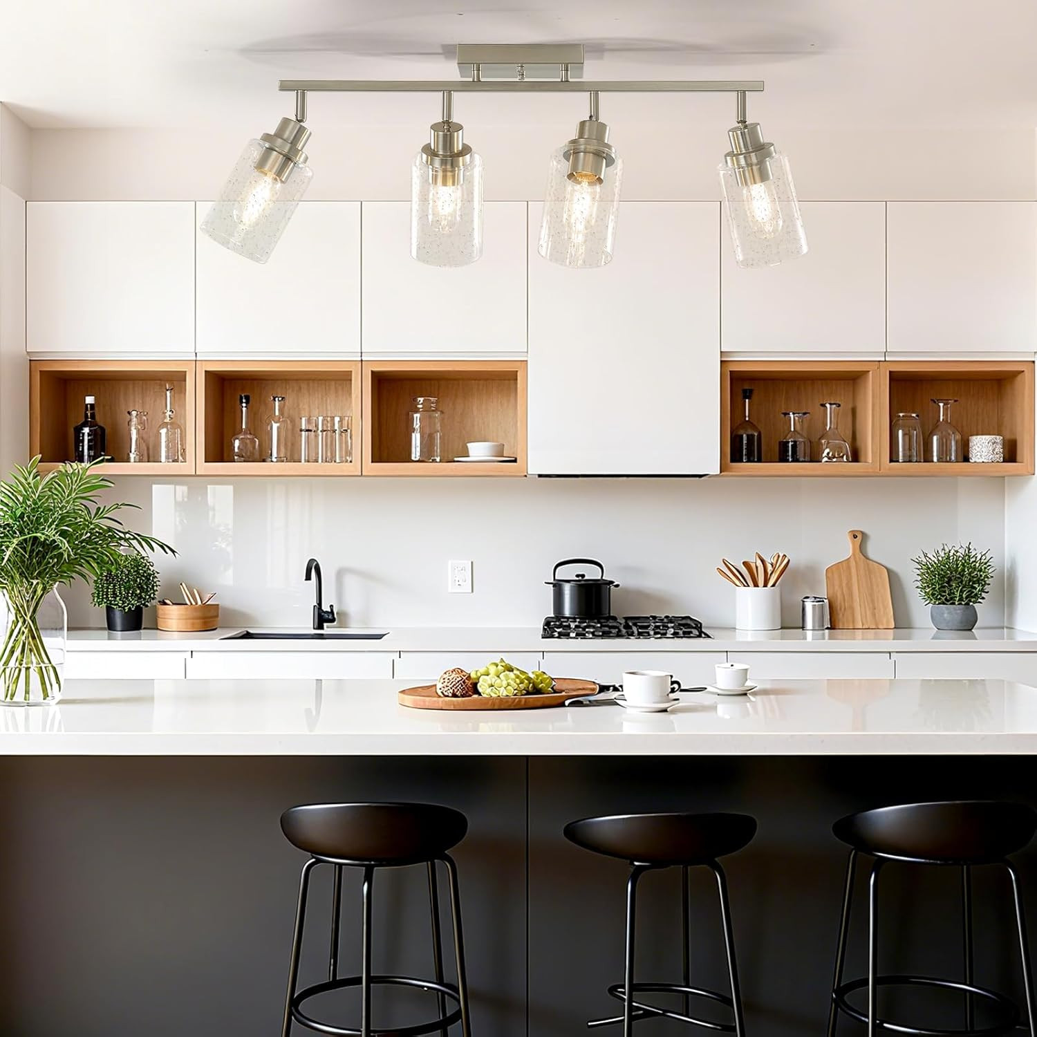 Brushed Nickel 4-Light Track Lighting with Seeded Glass Shades for Vanity