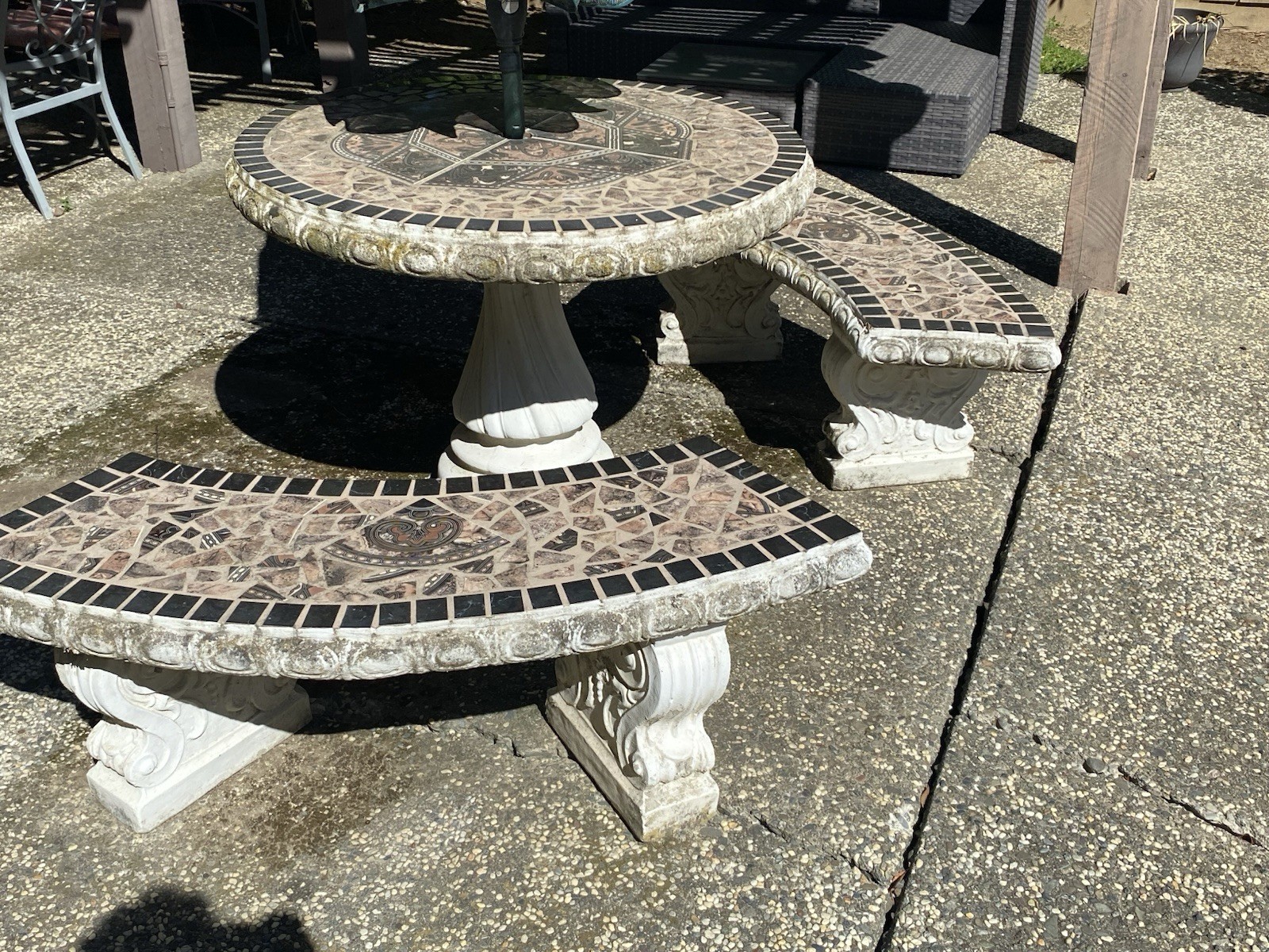 Mosaic Stone Three-Piece Patio Set, Round Table & Benches, Brown Beige