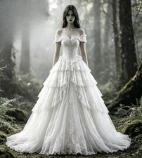 Fairy White Gothic Wedding Dresses Lace Tiered Tulle Rustic Country Bridal Gowns