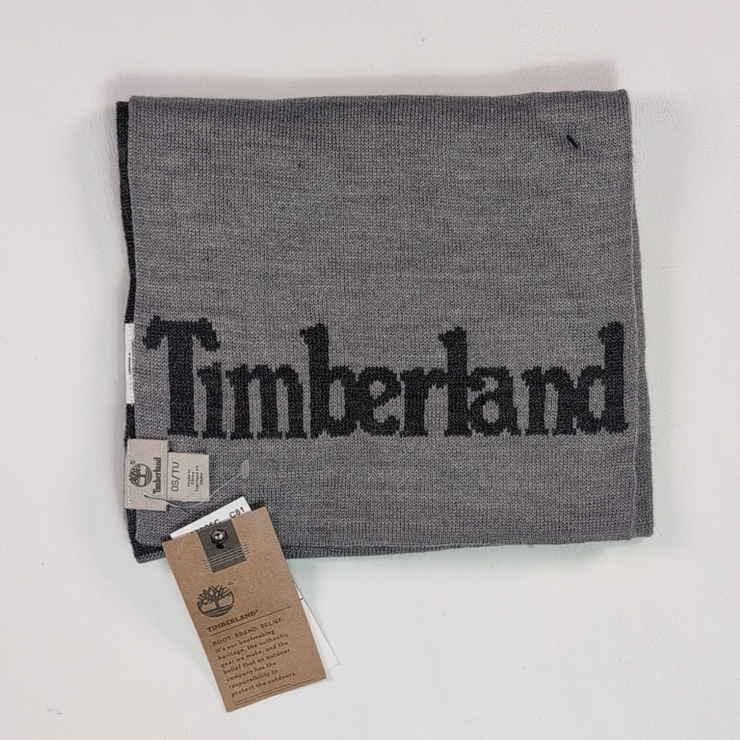 Timberland Mens Gray Knit Logo Scarf Acrylic Winter Neck Wear OS NEW
