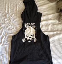 Black Sleeveless Hooded Skull Graphic Gym Tan...