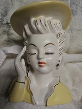 1956 ARTMARK Lady Head Vase VT Blonde Hair RARE Yellow dress Hat & Pearls NICE!!