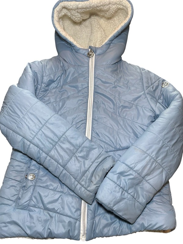 Michael Kors Kids Light Blue Puffer Jacket, Sherpa Lined Hood & Logo Full zip