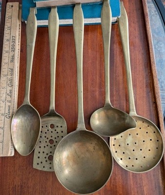 Vtg Brass Hanging Kitchen Utensil Set Ladle Spoon Fork Slotted Mid Cen Art Lot