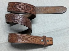 vintage TOOLED buckle belt NATIVE AMERICAN indian print 40 brown leather WESTERN