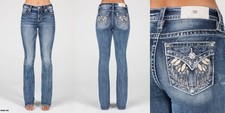 Miss Me Women's Mid-Rise Embellished Wing Faux Flap Pocket Bootcut Jeans 23Wx34L