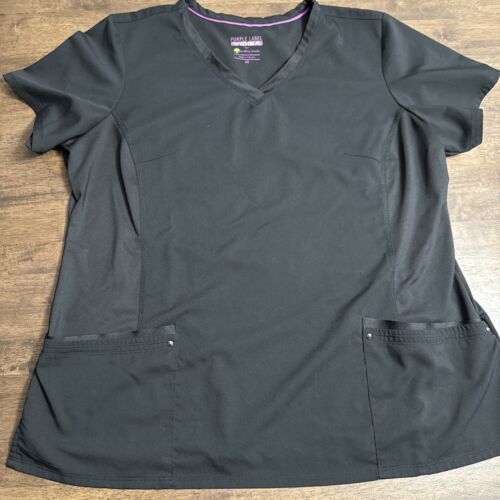 Purple Label Yoga Sz 2X V Neck Scrub Top Shirt Pockets Black Short Sleeve