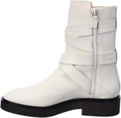 Stuart Weitzman Luxering Belted Leather Bootie Womens US 9B White Smooth Calf