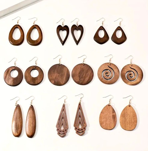 Earrings 925 ECO organic big Wooden Round Hollow Cut Out Boho Retro Dangle Drop - Picture 23 of 89