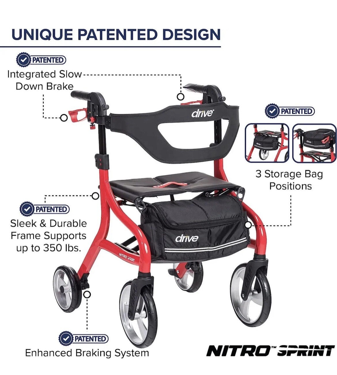Drive Medical NITRO Euro Style Walker Rollator Red 822383523910 eBay