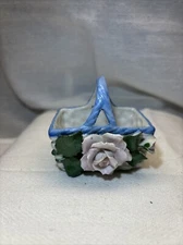 Pearly Blue GERMAN Porcelain Basket Open Salt Dip, Cellar, Dish w/Rose, Holder!