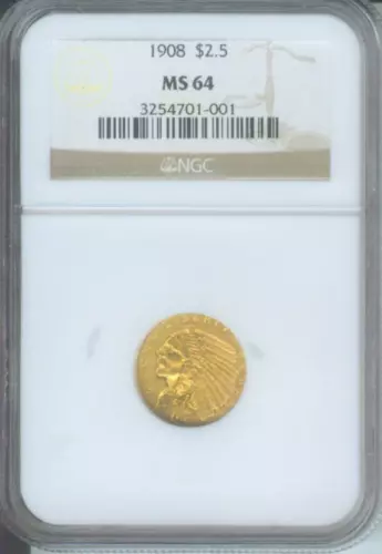 1908 $2.5 INDIAN QUARTER EAGLE NGC MS64 NICE BETTER DATE FIRST YEAR of ISSUE !