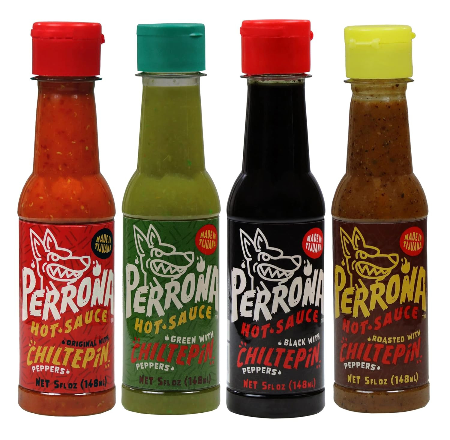 Hot Sauce Variety | Chiltepin, Roasted, Green and Negra | 5 Ounce Bottles | Hand