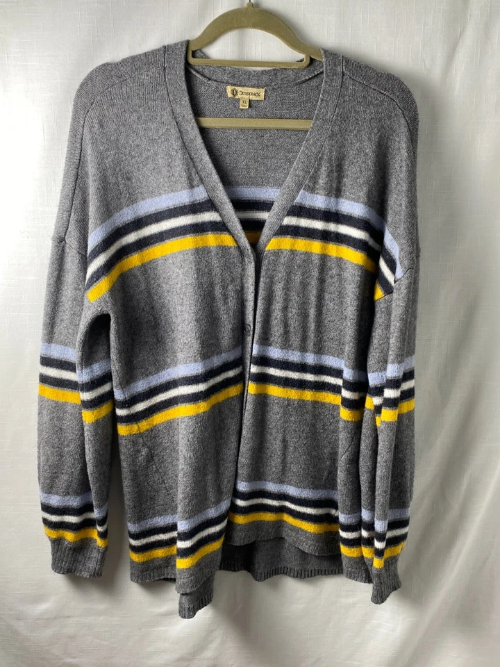 Democracy Women's Gray Yellow Black Striped Cardigan Sweater Size XL Casual - Image 2 of 4