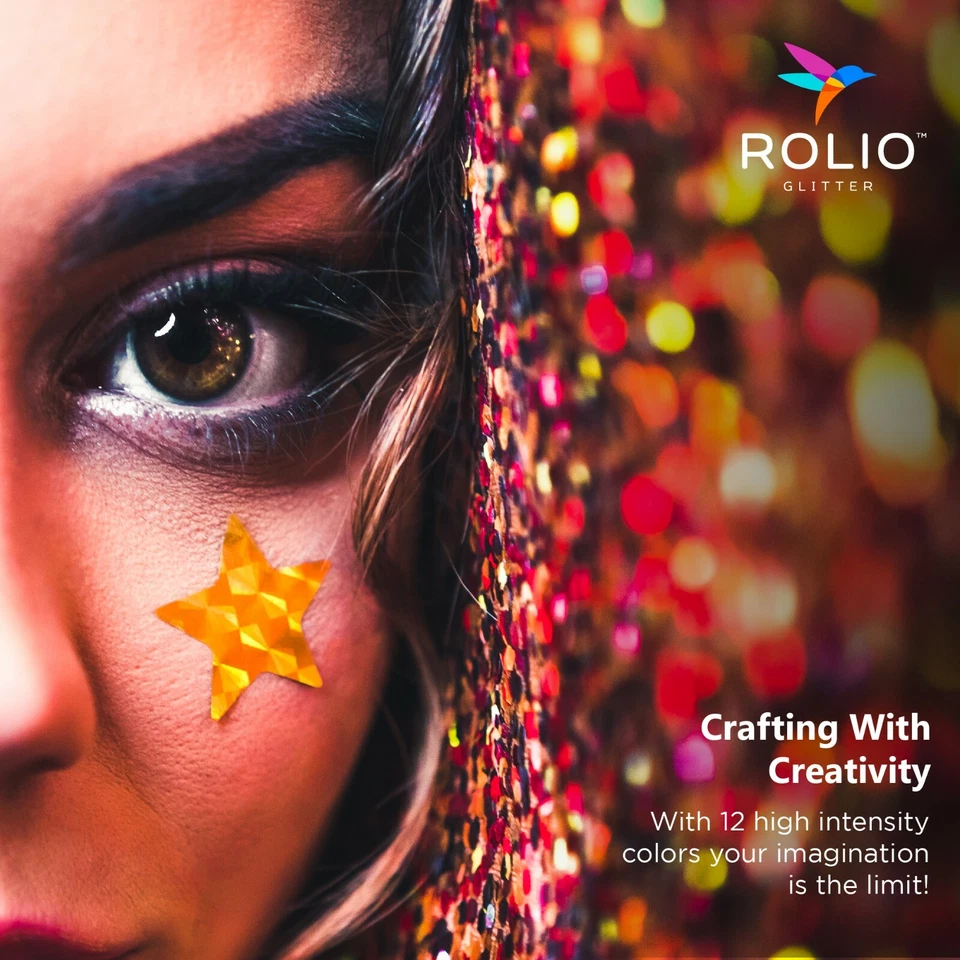 Brillos artesanales holográficos vibrantes ROLIO - 12 frascos 180 gramos de resina, maquillaje Foto 2 de 4