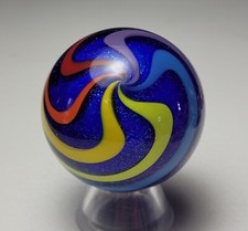 1.9" Contemporary Glass Marble, Rainbow On Blue With Dichroic, Toseland Glass