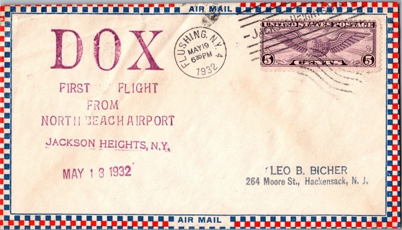 1932 USA NY Jackson Height DOX Transatlantic Flight Airmail Cover to New Jersey