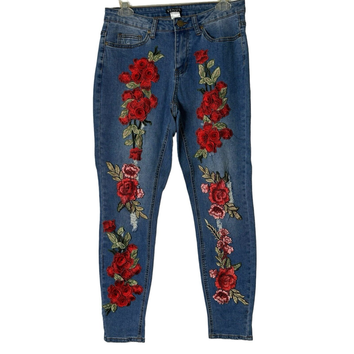 Venus Jeans Womens Size 6 3D Floral Embroidered Distressed