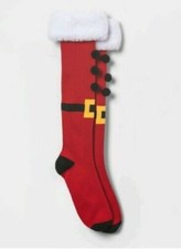 Santa Claus Socks Faux Fur  Pom-Poms New Tags Holiday FUN Knee High