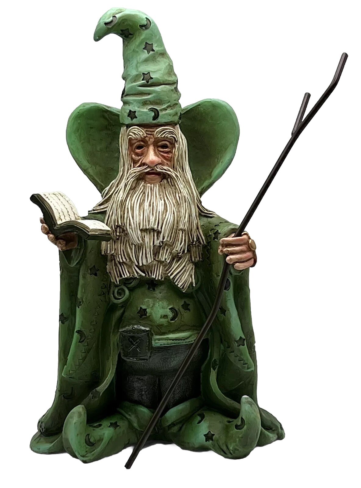 WIZARD FIGURINE REALISTIC FEATURES RESIN MERLIN GREEN MOON & STARS 11” TALL
