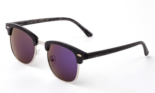 Half Wood Style Frame Sunglasses Flash Mirror Round Lens with Faux Leather Case - Picture 3 of 16