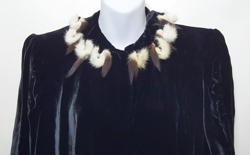 Vintage Black Velvet Jacket Cape Shrug Capelet Victorian Rabbit Fur Swing M L - Picture 9 of 12
