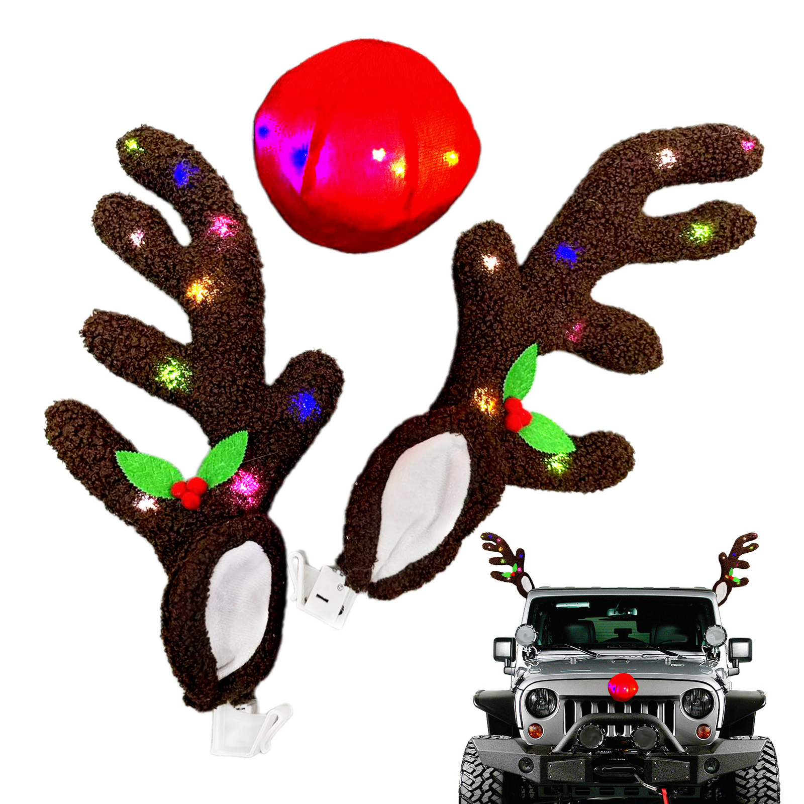 Car Reindeer Antler Kit Reindeer Antlers Nose Led Light XMAS Car Decor