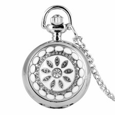 Ceramics Flower Crystal Small Mini Quartz Pocket Watch Necklace Chain Silver