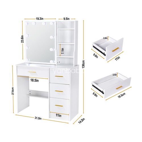 Vanity Desk Set with 10 LED Makeup Mirror Bedroom 4 Drawers Dressing Table White - Picture 7 of 13
