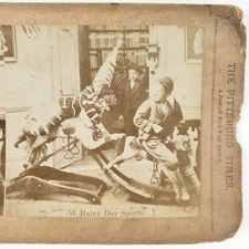 Rainy Day Children At Play Stereoview c1890 Rocking Horse Boys in Library B2041
