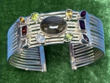 Vintage .925 marked STERLING SILVER MULTI-GEMSTONE CUFF BRACELET 44g - UNIQUE