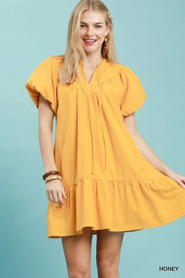 Umgee Flutter Sleeve Tassel Tie Ruffle Hem Mini Dress - Honey - Large