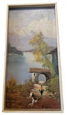 Vintage Italy Original Oil on Board Signed  A. D'Anzi  Lakefront 1950's