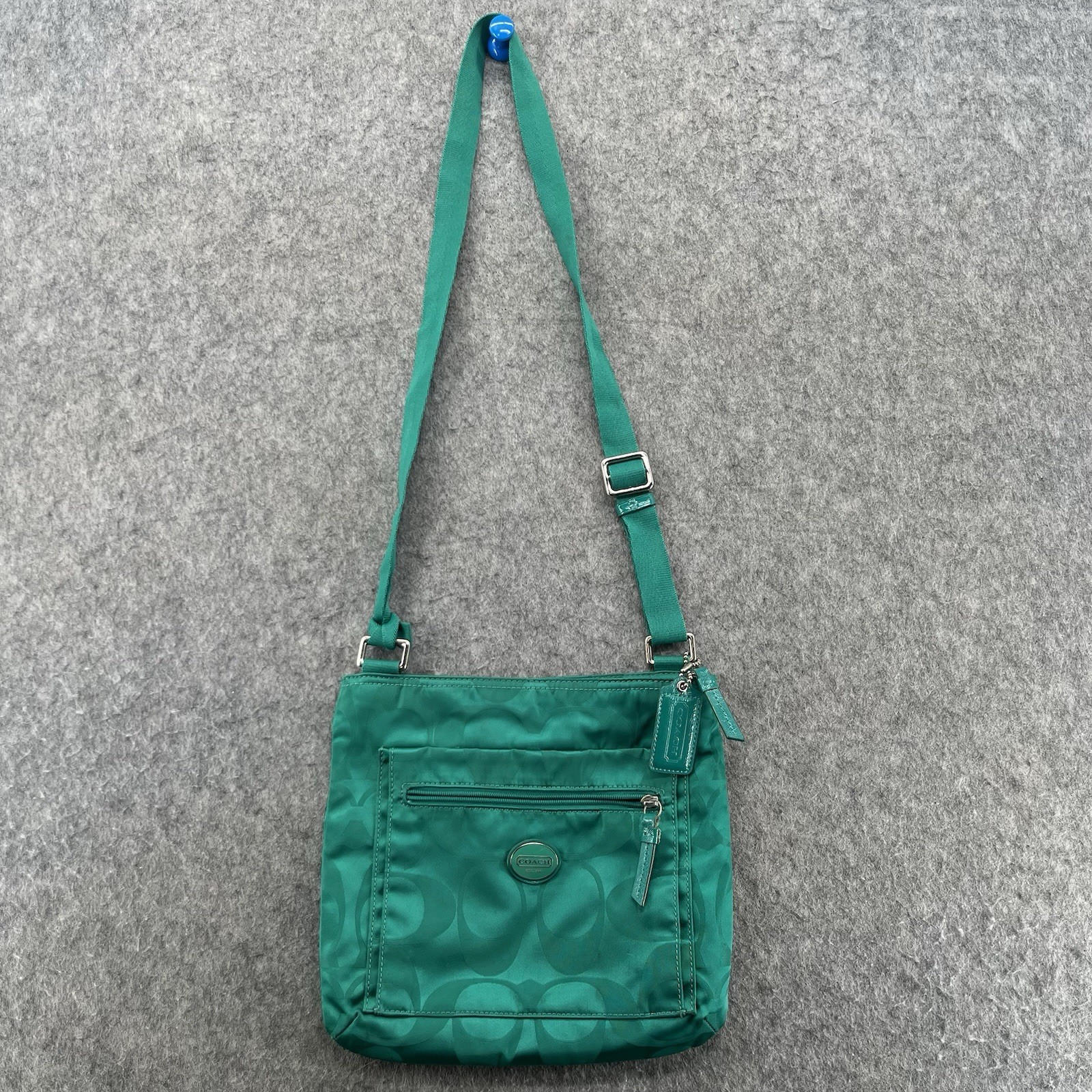 Coach Signature File Crossbody Slim Bag Purse Green Nylon #F77408 *Flaws*