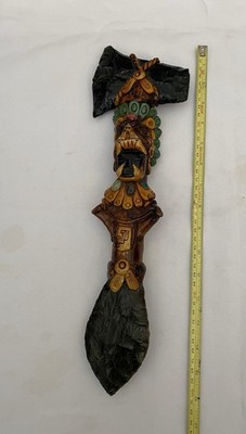 VINTAGE Aztec Mayan Axe/Spearhead Folk Art Obsidian Rain Stick. 
