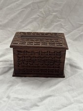 Antique 1940s Intricately Carved Dark Wooden Cigarette Dispenser Box