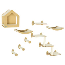 8pc Wall Mounted Cat Shelves Climbing Set w/ Condo Hammock Scratching Posts Oak