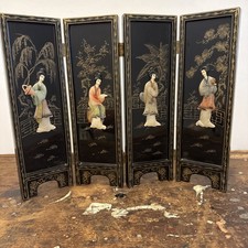 Vintage 4 Panel Desk Screen Divider Asian Mother Of Pearl Inlay Geisha Carvings