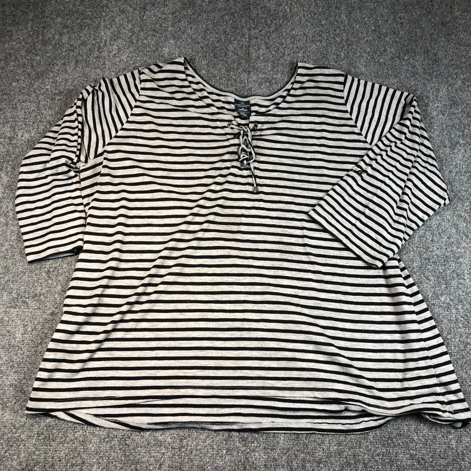 Top túnica Faded Glory talla grande 4X negro blanco a rayas cuello con cordones manga 3/4 Foto 2 de 4