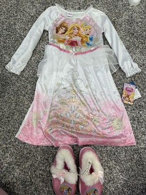 Disney Princess Sz 4T Fantasy Nightgown + L-9/10 Slippers Fancy Sparkles Fur Bow